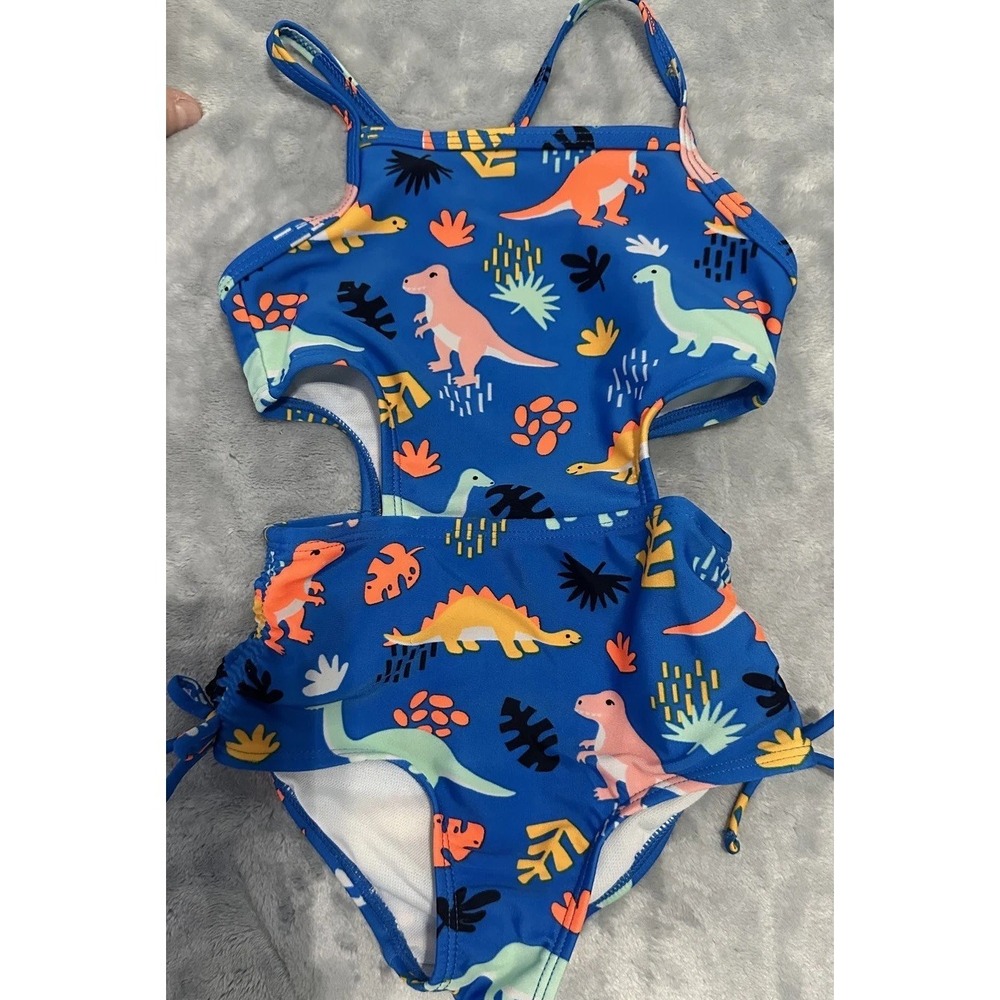 Cat & Jack Swimsuit Girls 3T Blue Dinosaur One Piece Cutout Bathing Suit Summer